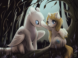 Size: 4000x3000 | Tagged: safe, artist:kchche, derpibooru import, oc, oc:sweetie shy, alicorn, dragon, pony, chat, chatting, crossover, cute, friend, friendship, how to train your dragon, kindness, light fury, scenery, smiling, wood