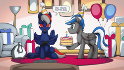 Size: 2560x1440 | Tagged: safe, artist:mysticalpha, derpibooru import, oc, oc only, oc:cloud zapper, pegasus, pony, balloon, birthday, birthday gift, cake, dialogue, exploitable meme, food, male, meme, present, stallion, text