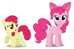 Size: 1920x1280 | Tagged: safe, artist:robzombiefan2121, derpibooru import, apple bloom, pinkie pie, earth pony, pony, accessory theft, apple bloom's bow, bow, duo, duo female, female, hair bow, simple background, transparent background