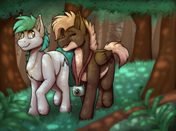 Size: 1366x1024 | Tagged: safe, artist:sursiq, derpibooru import, oc, oc:moose tracks, earth pony, pegasus, pony, blue, brown, camera, closed mouth, commission, cute, dappled sunlight, eyes closed, full body, golden eyes, oc x oc, open mouth, scenery, shipping, walking, wholesome