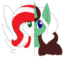 Size: 1000x785 | Tagged: safe, artist:kaggy009, derpibooru import, oc, oc:peppermint pattie, oc:peppermint pattie (unicorn), pegasus, pony, unicorn, ask peppermint pattie, duality, female, mare