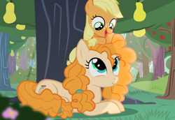 Size: 6299x4331 | Tagged: safe, artist:mrkat7214, derpibooru import, applejack, pear butter, earth pony, pony, absurd resolution, apple, apple tree, cute, duo, female, filly, filly applejack, food, jackabetes, looking at each other, mother and child, mother and daughter, parent and child, pear, pear tree, pearabetes, prone, show accurate, sitting on head, tree, vector, younger