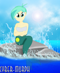 Size: 1856x2240 | Tagged: safe, artist:cyber-murph, derpibooru import, tennis match, mermaid, better together, equestria girls, background human, bandeau, belly, belly button, crossed arms, mermaidized, midriff, ocean, rock, scales, short hair, signature, sitting, species swap