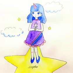 Size: 2048x2048 | Tagged: safe, artist:egoistic_sayoko, derpibooru import, twilight sparkle, human, alternate eye color, clothes, cloud, dress, female, horn, humanized, shoes, solo, stars