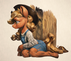 Size: 1200x1040 | Tagged: safe, artist:assasinmonkey, derpibooru import, applejack, anthro, earth pony, unguligrade anthro, arm hooves, clothes, cowboy hat, female, hat, mare, overalls, profile, realistic horse legs, sitting, solo