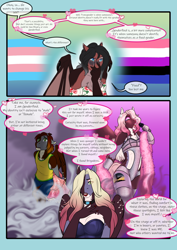 Size: 3472x4911 | Tagged: safe, artist:blackblood-queen, derpibooru import, oc, oc:brigadeiro drizzle, oc:dusk flame, oc:lady lovegreen, anthro, dracony, dragon, hybrid, pegasus, pony, unguligrade anthro, comic:be there, anthro oc, clothes, comic, crossdressing, dialogue, digital art, drag queen, dress, female, genderfluid, hair over one eye, lipstick, microphone, pegasus oc, singing, speech bubble, wings