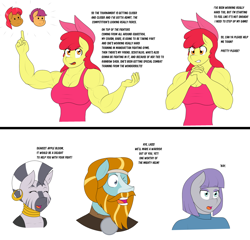 Size: 2048x1965 | Tagged: safe, artist:matchstickman, derpibooru import, apple bloom, babs seed, maud pie, rockhoof, scootaloo, zecora, anthro, earth pony, zebra, apple bloom's bow, apple bloomed, apple brawn, armpits, biceps, bow, breasts, clothes, comic, deltoids, dialogue, female, hair bow, male, mare, matchstickman's apple brawn series, muscles, older, older apple bloom, simple background, stallion, tumblr comic, tumblr:where the apple blossoms, white background