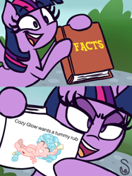 Size: 760x1015 | Tagged: safe, artist:frownfactory, artist:quarium edits, derpibooru import, edit, cozy glow, twilight sparkle, twilight sparkle (alicorn), alicorn, pegasus, pony, marks for effort, 2 panel comic, comic, cozybetes, cute, cutie mark, ed edd n eddy, exploitable, exploitable meme, eyes closed, female, filly, image macro, mare, meme, simple background, smiling, twilight's fact book, wings