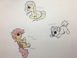 Size: 722x542 | Tagged: safe, artist:carty, derpibooru import, oc, oc only, oc:aurora melody, oc:goldenflower, oc:winter fire, earth pony, pegasus, foal, pacifier, traditional art