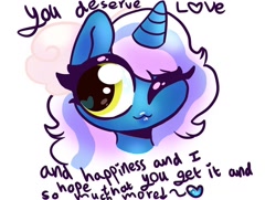 Size: 1024x742 | Tagged: safe, alternate version, artist:iloveehlm, derpibooru import, oc, oc:fleurbelle, alicorn, adorabelle, alicorn oc, bow, cute, encouragement, female, hair bow, horn, mare, one eye closed, positive ponies, speechless, wings, wink, winking at you