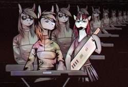 Size: 1280x870 | Tagged: safe, artist:thane corst, derpibooru import, oc, oc only, earth pony, pony, unicorn, clothes, digital art, duo, elektronik supersonik, female, horn, keyboard, keytar, male, mare, musical instrument, recursion, stallion