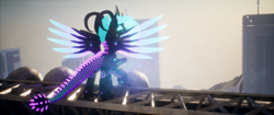 Size: 3840x1620 | Tagged: safe, artist:phoenixtm, derpibooru import, oc, oc:phoenix stardash, cyborg, original species, 3d, building, ceikraill, city, spread wings, unreal engine, wings