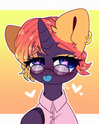 Size: 2000x2500 | Tagged: safe, artist:etoz, derpibooru import, oc, oc only, pony, unicorn, clothes, ear piercing, earring, female, glasses, gradient background, horn, jewelry, mare, piercing, shirt, solo, tongue out, unicorn oc