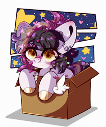 Size: 2000x2400 | Tagged: safe, artist:etoz, derpibooru import, oc, oc only, bandaid, blushing, box, chibi, commission, cute, ear piercing, earring, fangs, female, happy, heart, jewelry, mare, piercing, plaster, sitting, solo, stars, ych result