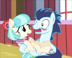 Size: 640x517 | Tagged: safe, artist:mlp-silver-quill, derpibooru import, edit, coco pommel, soarin', earth pony, pegasus, pony, comic:pinkie pie says goodnight, barn, blushing, comic, crack shipping, cropped, holding a pony, implied soarinpommel, shipping, sweet apple acres