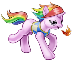 Size: 900x745 | Tagged: safe, artist:stupjam, derpibooru import, oc, oc only, pony, unicorn, clothes, female, fire, fire breath, fire breathing pony, galloping, mare, multicolored hair, rainbow hair, running, simple background, solo, transparent background, vest