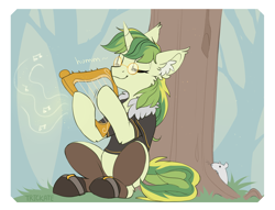 Size: 3933x3000 | Tagged: safe, artist:trickate, derpibooru import, oc, oc only, mouse, pony, unicorn, clothes, ear fluff, eyes closed, female, glasses, hat, lyre, mare, musical instrument, shoes, sitting, smiling, socks, solo, tree