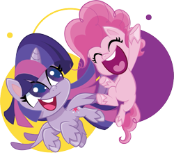 Size: 733x653 | Tagged: safe, derpibooru import, pinkie pie, twilight sparkle, twilight sparkle (alicorn), alicorn, earth pony, pony, my little pony: pony life, abstract background, duo, eyes closed, jumping, official, simple background, transparent background, unshorn fetlocks, vector