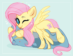 Size: 3330x2556 | Tagged: safe, artist:taneysha, derpibooru import, finn tastic, fluttershy, dolphin, pegasus, pony, my little pony: pony life, the trail less trotten, spoiler:pony life s01e07, body pillow, cute, female, g4.5 to g4, high res, looking at you, lying down, mare, one eye closed, pillow, shyabetes, solo