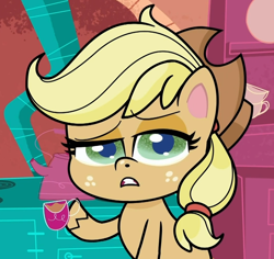 Size: 1060x1000 | Tagged: safe, derpibooru import, screencap, applejack, earth pony, pony, bighoof walking, my little pony: pony life, spoiler:pony life s01e09, cropped, cup, food, lidded eyes, solo, tea, teacup