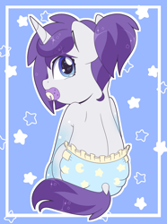 Size: 2981x4000 | Tagged: safe, artist:partylikeanartist, derpibooru import, oc, oc:indigo wire, pony, unicorn, back, crying, diaper, dock, dummy, female, filly, foal, from behind, gradient hooves, looking at you, looking back, looking back at you, pacifier, ponytail, rear view, simple background, sitting, solo, teary eyes, wingding eyes
