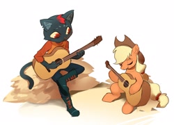 Size: 2108x1520 | Tagged: safe, artist:luciferamon, derpibooru import, applejack, cat, earth pony, pony, crossover, guitar, hat, hay, mae borowski, musical instrument, night in the woods, playing