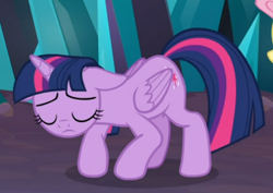 Size: 554x393 | Tagged: safe, derpibooru import, screencap, twilight sparkle, twilight sparkle (alicorn), alicorn, the beginning of the end, cropped, crouching, floppy ears, sad, solo