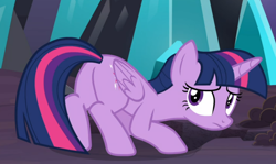 Size: 946x564 | Tagged: safe, derpibooru import, screencap, twilight sparkle, twilight sparkle (alicorn), alicorn, the beginning of the end, butt, cropped, crouching, digging, female, looking back, plot, sad, solo