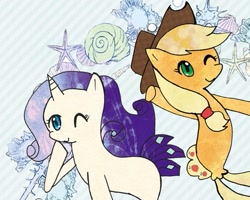 Size: 495x396 | Tagged: safe, artist:rai_ra, derpibooru import, applejack, rarity, seapony (g4), bubble, female, one eye closed, seaponified, seapony applejack, seapony rarity, species swap, traditional art, underwater, water, wink