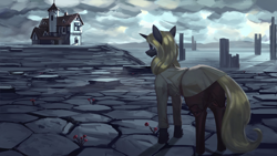 Size: 1920x1080 | Tagged: safe, artist:nsilverdraws, derpibooru import, oc, oc only, oc:vuren sundown, horse, pony, unicorn, clothes, detailed background, female, flower, horn, house, mare, rose, solo, stone, sundown clan