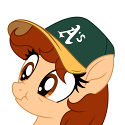 Size: 3583x3589 | Tagged: safe, artist:rioshi, artist:starshade, derpibooru import, oc, oc only, oc:vanilla creame, pegasus, pony, alcohol, baseball cap, beer, cap, curious, hat, oakland athletics, shadow, simple background, solo