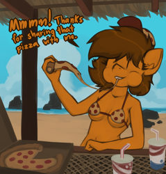 Size: 1770x1849 | Tagged: safe, artist:marsminer, derpibooru import, oc, oc only, oc:venus spring, anthro, anthro oc, beach, belly button, bikini, clothes, counter, cute, eyes closed, female, food, mare, ocbetes, pizza, pizza thot, solo, swimsuit, venus spring actually having a pretty good time