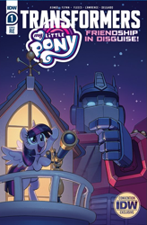 Size: 533x811 | Tagged: safe, derpibooru import, idw, twilight sparkle, twilight sparkle (alicorn), alicorn, pony, robot, spoiler:friendship in disguise, convention exclusive, crossover, friendship in disguise, optimus prime, san diego comic con, sdcc 2020, telescope, transformers