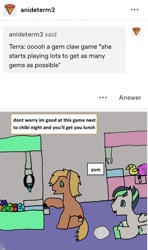 Size: 738x1246 | Tagged: safe, artist:ask-luciavampire, derpibooru import, oc, dracony, dragon, earth pony, hybrid, pony, ask, claw machine, tumblr, tumblr:ask-the-pony-gamers