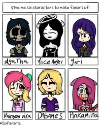 Size: 505x628 | Tagged: safe, artist:svetlanatimirbulatova3252, derpibooru import, pinkie pie, oc, oc:rainbow vika, human, alice angel, bendy and the ink machine, black sclera, black tears, blood, bust, clothes, crossover, devil horns, doki doki literature club, eyes closed, female, hair over one eye, halo, heterochromia, humanized, knife, lesbian, one eye closed, pinkamena diane pie, six fanarts, smiling, wink