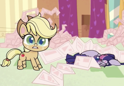 Size: 2638x1848 | Tagged: safe, derpibooru import, screencap, applejack, twilight sparkle, alicorn, earth pony, pony, badge of shame, my little pony: pony life, spoiler:pony life s01e13, broken, engineering, female, instructions, mare