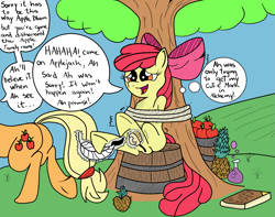 Size: 2929x2312 | Tagged: safe, artist:darkknighthoof, artist:icey-wicey-1517, color edit, derpibooru import, edit, apple bloom, applejack, earth pony, pony, apple, basket, bondage, book, brush, colored, dishonorapple, feather, female, fetish, filly, food, hoof fetish, hooves, mare, pineapple, potion, punishment, rope, sibling tickling, siblings, sisters, tickle fetish, tickle torture, tickling, tied up, tree, underhoof