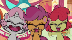 Size: 800x450 | Tagged: safe, derpibooru import, screencap, apple bloom, scootaloo, sweetie belle, earth pony, pegasus, unicorn, disappearing act, my little pony: pony life, spoiler:pony life s01e12, animated, cutie mark crusaders, excited, eyes closed, gif, smiling, sugarcube corner, treehouse logo
