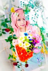 Size: 533x800 | Tagged: safe, artist:don_ttir, derpibooru import, fluttershy, human, butterfly hairpin, clothes, cosplay, costume, flower, hairpin, irl, irl human, photo, pony ears, smiling