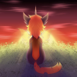 Size: 3300x3300 | Tagged: safe, artist:tuzz-arts, derpibooru import, oc, oc only, oc:armber, changeling, changeling oc, facing away, female, orange changeling, simple background, sitting, solo, sunset