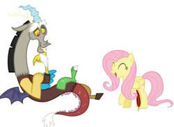 Size: 615x450 | Tagged: safe, artist:princessdestiny200i, derpibooru import, discord, fluttershy, draconequus, pegasus, pony, eyes closed, feather, female, grin, laughing, male, mare, open mouth, quill, raised hoof, simple background, smiling, tickle torture, tickling, white background