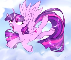 Size: 2160x1814 | Tagged: safe, artist:kestr_deord, derpibooru import, twilight sparkle, twilight sparkle (alicorn), alicorn, pony, chest fluff, cloud, cute, ear fluff, eye clipping through hair, female, flying, mare, sky, solo, spread wings, twiabetes, unshorn fetlocks, wings