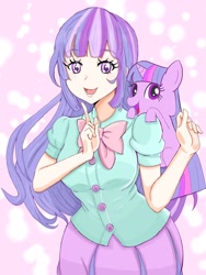 Size: 1536x2048 | Tagged: safe, artist:myon2631, derpibooru import, twilight sparkle, human, pony, unicorn, equestria girls, anime, cute, digital art, human ponidox, humanized, self ponidox, shoulder pony, twiabetes