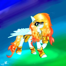 Size: 1024x1024 | Tagged: safe, artist:kiwwsplash, derpibooru import, oc, oc only, pegasus, pony, abstract background, armor, pegasus oc, raised hoof, signature, solo, wings