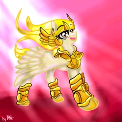 Size: 1024x1024 | Tagged: safe, artist:kiwwsplash, derpibooru import, oc, oc only, pegasus, pony, abstract background, armor, hoof shoes, open mouth, pegasus oc, smiling, solo, windswept mane, wings