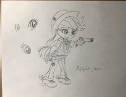 Size: 1024x788 | Tagged: safe, artist:_harappa_, derpibooru import, applejack, human, gun, humanized, traditional art, weapon