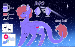 Size: 1933x1222 | Tagged: safe, artist:shinningblossom12, derpibooru import, oc, oc only, oc:ufo, bat, pegasus, pony, chest fluff, ear piercing, earring, grin, jewelry, leonine tail, male, night, pegasus oc, piercing, reference sheet, shooting star, smiling, solo, stallion, stars, text, wings
