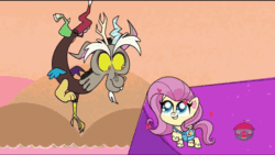 Size: 600x338 | Tagged: safe, derpibooru import, screencap, discord, fluttershy, draconequus, pegasus, pony, discord's peak, my little pony: pony life, spoiler:pony life s01e14, animated, bag, female, floating heart, flying, gif, heart, implied discoshy, implied shipping, implied straight, large eyes, looking at each other, male, mt. volcanope, raised hoof, treehouse logo, wings