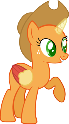 Size: 971x1751 | Tagged: safe, artist:pegasski, derpibooru import, applejack, oc, oc only, alicorn, earth pony, pony, fall weather friends, alicorn oc, applecorn, bald, base, eyelashes, freckles, grin, hat, horn, raised hoof, simple background, smiling, solo, transparent background, two toned wings, wings