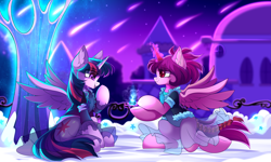 Size: 5555x3333 | Tagged: safe, artist:airiniblock, derpibooru import, twilight sparkle, twilight sparkle (alicorn), oc, alicorn, pegasus, alicorn oc, canon x oc, clothes, commission, dress, ear fluff, eye clipping through hair, female, horn, lesbian, marriage proposal, rcf community, shipping, sitting, spread wings, wings